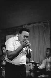 James Cotton at Club 47: James Cotton playing harmonica with Luther Tucker playing guitar at left, and Francis Clay playing drums at right