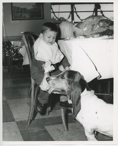 Young client feeding turkey to dog