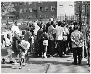 Mayor John F. Collins with large group of children outdoors