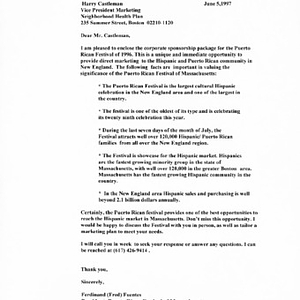 Form letter from Freddie Fuentes to various corporate sponsors for Festival Puertorriqueño 1996