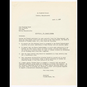 Letter from David Lane to Arnold Graham about funds for urban renewal in upper Roxbury