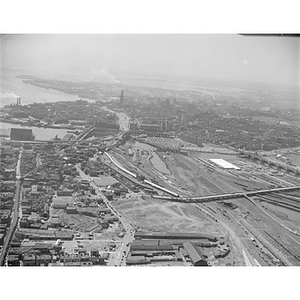 Charlestown from Gilmore Bridge to Downtown and area, North Station, center, railroad yards, Boston, MA