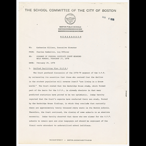 Memorandum from Charles Hambelton to Catherine Ellison about federal district court hearing held February 27, 1978