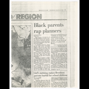 Newspaper clipping from The Boston Globe, "Black parents rap planners"