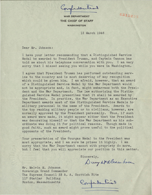 Letter from General Dwight D. Eisenhower to Melvin M. Johnson, 1946 March 12