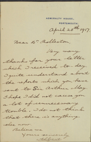 Letter from Prince Albert, Duke of York, to Doctor Rolleston, 1917 April 20
