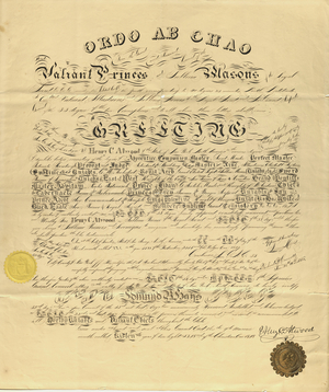 Engrossed Scottish Rite 33rd degree certificate for Edmund B. Hays, issued by Henry C. Atwood