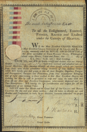 Membership certificate issued by Concord Chapter, No. 1, to Jeremy Hoadley, 1805 April 10