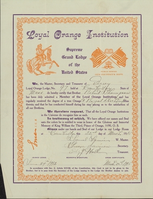 Membership certificate issued by Derry Loyal Orange Lodge, No. 97, to Robert Thompson, 1915 March 22
