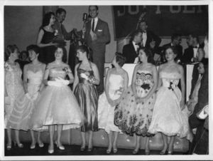 Women waiting to be crowned at the Miss Suffolk contestant the Suffolk University Coronation Dance, 1958
