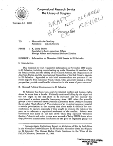 Draft of memorandum to John Joseph Moakley from K. Larry Storrs, Specialist in Latin American Affairs, Foreign Affairs and National Defense Division, describing the November 1989 events leading up to the Jesuit murders in El Salvador, 6 February 1990
