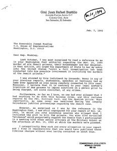 Letter to John Joseph Moakley from General Juan Rafael Bustillo regarding Moakley's repeated references in the press to Bustillo's alleged involvement in the Jesuit murders and Moakley's urge for the Department of State to bar Bustillo entry into the U.S.