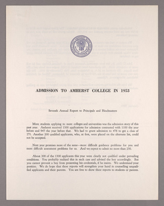 Amherst College annual report to secondary schools and report on admission to Amherst College, 1953