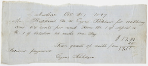 Edward Hitchcock receipt of payment to Cyrus Peekham, 1844 October 1