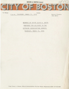 Remarks of Mayor Kevin H. White prepared for delivery to the Citywide Coordinating Council, Thursday, 1976 March 11