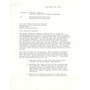 Letter, Governor Francis W. Sargent, September 30, 1974.