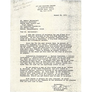 Letter, Robert Saltenstall, August 30, 1973.