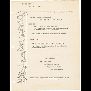 Flier advertising Freedom House Coffee Hour Luncheon featuring Mrs. Saul Bernstein, Executive Director of the Big Sister Association of Greater Boston