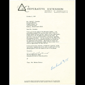 Letter from Winifred Eastwood, Head of the Extension Division of Home Economics, to Muriel Snowden about discussion leaders