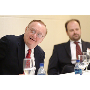 Barry Karger, left, and Graham Jones, another panelist, at the NU Today Cancer Research Panel