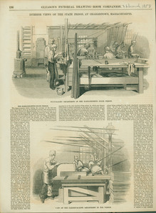 Interior views of the State Prison, at Charlestown, Massachusetts, with Whip-Making Department of the Massachusetts State Prison and View of the Cabinet-Making Department in the Prison