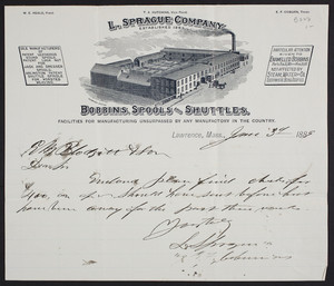 Letterhead for the L. Sprague Company, bobbins, spools and shuttles, Lawrence, Mass., dated June 3, 1889