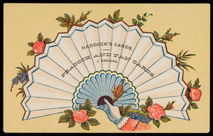 Trade card for Haddock's Cards, peacock and fan cards, location unknown, undated