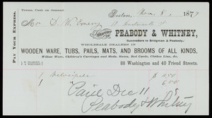 Billhead for Peabody & Whitney, wholesale dealers in wooden ware, tubs, pails, mats and brooms of all kinds, 88 Washington and 40 Friend Streets, Boston, Mass., dated November 8, 1879