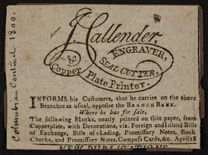 Advertisement for J. Callender, engraver, location unknown, April 28, 1800