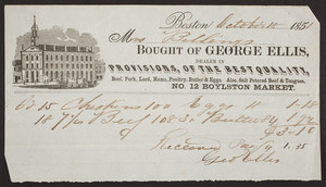 Billhead for George Ellis, provisions, No. 12 Boylston Market, Boston, Mass., dated October 18, 1851