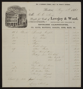 Billhead for Lovejoy & Wood, importers and dealers in English carpetings, oil cloth, mattings, bocking, rugs, mats, No. 6 Summer Street, next to Trinity Church, Boston, Mass., dated May 30, 1861