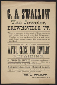 Handbill for G.A. Swallow, jeweler, Brownsville, Vermont, undated