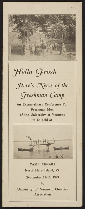 Brochure for the Freshman Camp, University of Vermont Christian Association, North Hero Island, Vermont, September 13-16, 1929