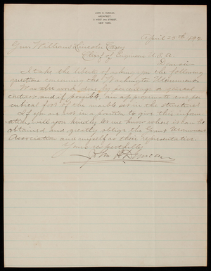 John H. Duncan to Thomas Lincoln Casey, April 25, 1892