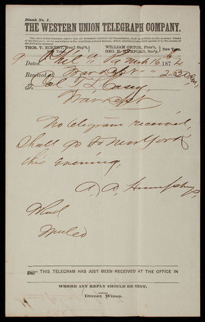 A. A. Humphreys to Thomas Lincoln Casey, March 16, 1874, telegram