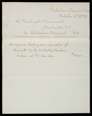 Account of Expense of testing of concrete blocks for the Washington Monument, November 10, 1879