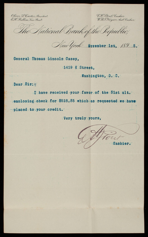 Charles H. Stout/National Bank of the Republic to Thomas Lincoln Casey, November 1, 1895