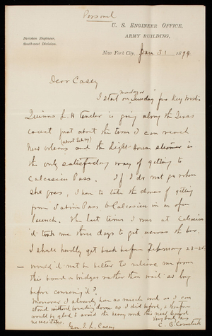 [Cyrus] B. Comstock to Thomas Lincoln Casey, January 31, 1894