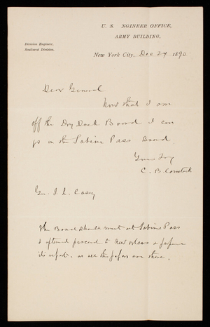 [Cyrus] B. Comstock to Thomas Lincoln Casey, December 24, 1890