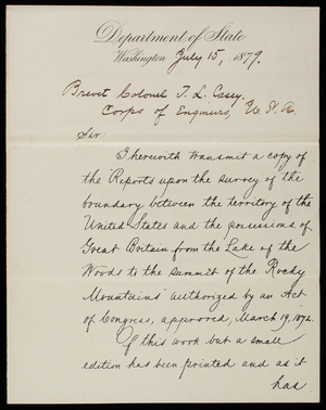 William M. Evarts to Thomas Lincoln Casey, July 15, 1879