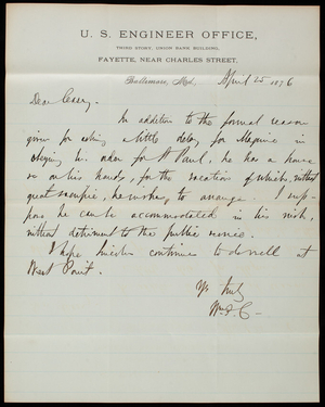 [William] P. Craighill to Thomas Lincoln Casey, April 25, 1876