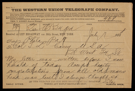 Admiral Silas Casey to Thomas Lincoln Casey, July 7, 1888, telegram