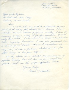 Letter from Oliver Takaichi to Massachusetts State College