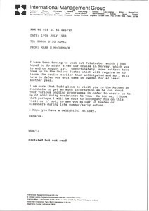 Fax from Mark H. McCormack to Baron Stig Ramel