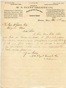 Letter from W.N. Flynt Granite Co. to the Farr Alpaca Co.
