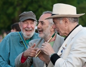 Pete Seeger, Raffi, and David Amram (from left) warming up for the closing ceremony at the Clearwater Festival