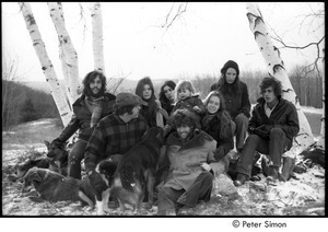 Group portrait: (l.-r.) Elliot Blinder, Harry Saxman, Catherine Blinder, Bonnie Fisher, Peter Simon, Lacey Mason, Jenny Rose, and Tim Rossner with dogs