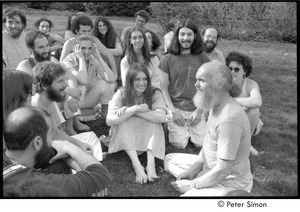 Ram Dass retreat at David McClelland's: Ram Dass speaking to group, Mirabai Bush to his left