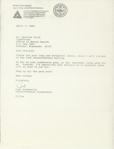 Letter from Judi Chamberlin to Patrick Irick