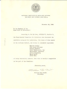 Circular letter from National Institute of Arts and Letters to W. E. B. Du Bois